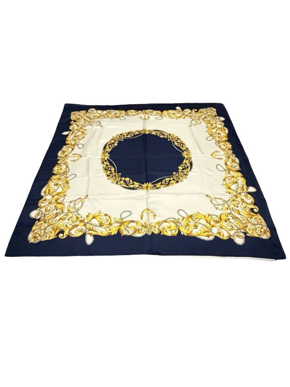 Vintage 34" Navy Gold Baroque Nautical Scarf Square Satin Rope Anchor Scroll Pri